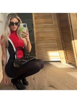 Colorblock Mock Neck Zipper Mini Dress -Women's Clothing Shop P 20240614182813093 366