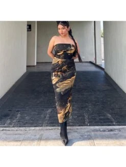 Abstract Printed Strapless Maxi Dress