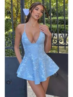 V Neck Jacquard Weave Sleeveless Mini Dress -Women's Clothing Shop P 20240617113634909 343