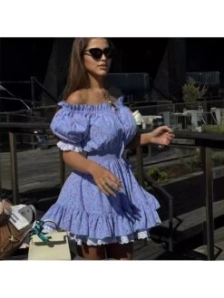 Disty Floral Printing Square Neck Puff Sleeve Dress