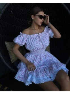 Disty Floral Printing Square Neck Puff Sleeve Dress -Women's Clothing Shop P 20240617143212051 110