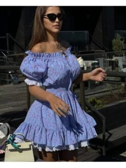 Disty Floral Printing Square Neck Puff Sleeve Dress -Women's Clothing Shop P 20240617143212619 621