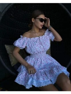 Disty Floral Printing Square Neck Puff Sleeve Dress -Women's Clothing Shop P 20240617143213216 960