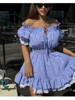 Disty Floral Printing Square Neck Puff Sleeve Dress -Women's Clothing Shop P 20240617143213814 890