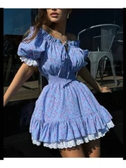 Disty Floral Printing Square Neck Puff Sleeve Dress -Women's Clothing Shop P 20240617143215225 674