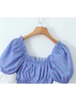 Disty Floral Printing Square Neck Puff Sleeve Dress -Women's Clothing Shop P 20240617143220176 334