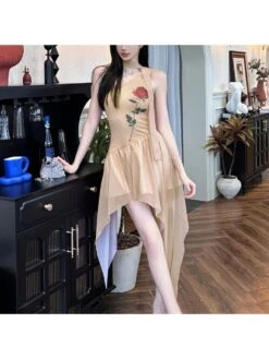 Flower Irregular One Shoulder Mini Dress
