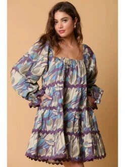 Print Wave Frill Sleeve A-line Dress