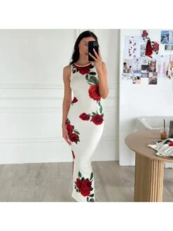 Rose Printed Bodycon Sleeveless Dress -Women's Clothing Shop P 20240617173203279 399