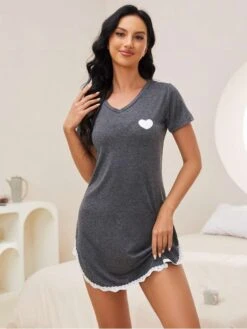 Heart Printed Lacework Loose Pajamas Dress