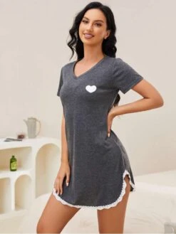 Heart Printed Lacework Loose Pajamas Dress -Women's Clothing Shop P 20240617180410668 715