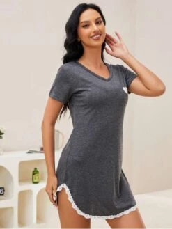 Heart Printed Lacework Loose Pajamas Dress -Women's Clothing Shop P 20240617180412049 595