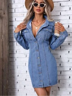 Solid Color Cotton Mid-rise Long Sleeves Dress