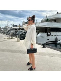 Patchwork Ruched Single Breasted Lantern Sleeve Dress -Women's Clothing Shop P 20240618110029333 676