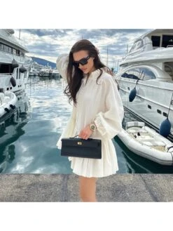 Patchwork Ruched Single Breasted Lantern Sleeve Dress -Women's Clothing Shop P 20240618110030630 758