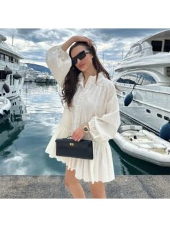 Patchwork Ruched Single Breasted Lantern Sleeve Dress -Women's Clothing Shop P 20240618110031813 947