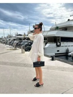 Patchwork Ruched Single Breasted Lantern Sleeve Dress -Women's Clothing Shop P 20240618110036663 349