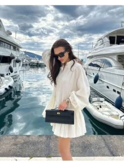 Patchwork Ruched Single Breasted Lantern Sleeve Dress -Women's Clothing Shop P 20240618110038008 581