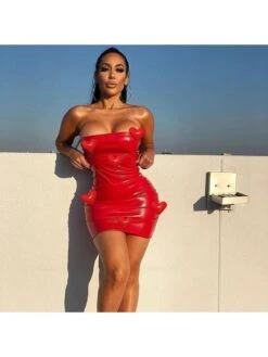 Heart Patchwork PU Strapless Mini Dress