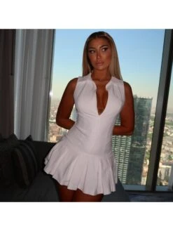 V Neck Collar Sleeveless Pleated Dress -Women's Clothing Shop P 20240618134822508 942