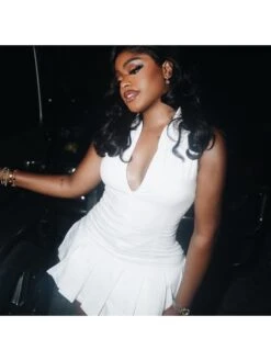 V Neck Collar Sleeveless Pleated Dress -Women's Clothing Shop P 20240618134824809 460