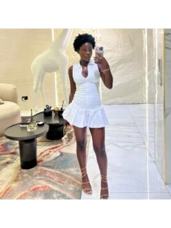 V Neck Collar Sleeveless Pleated Dress -Women's Clothing Shop P 20240618134826035 716