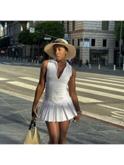 V Neck Collar Sleeveless Pleated Dress -Women's Clothing Shop P 20240618134826533 249