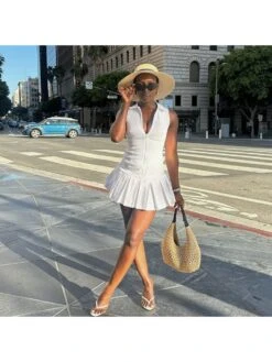 V Neck Collar Sleeveless Pleated Dress -Women's Clothing Shop P 20240618134827704 698