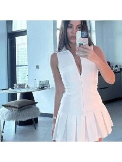 V Neck Collar Sleeveless Pleated Dress -Women's Clothing Shop P 20240618134828284 991