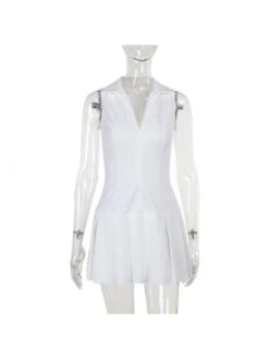 V Neck Collar Sleeveless Pleated Dress -Women's Clothing Shop P 20240618134829496 259