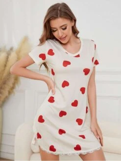Heart Printed Lacework Pajamas Dress