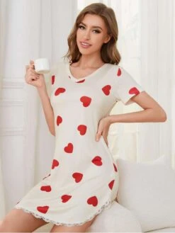 Heart Printed Lacework Pajamas Dress 11 Heart Printed Lacework Pajamas Dress -Women's Clothing Shop P 20240618162435925 407
