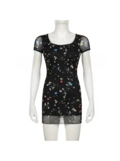 Disty Floral Printing Square Neck Fitted Short Sleeve Dress -Women's Clothing Shop P 20240618170405922 727