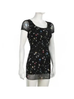 Disty Floral Printing Square Neck Fitted Short Sleeve Dress -Women's Clothing Shop P 20240618170406479 725