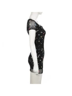 Disty Floral Printing Square Neck Fitted Short Sleeve Dress -Women's Clothing Shop P 20240618170406902 470