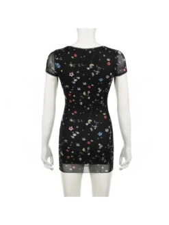 Disty Floral Printing Square Neck Fitted Short Sleeve Dress -Women's Clothing Shop P 20240618170407362 579