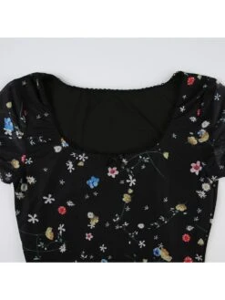 Disty Floral Printing Square Neck Fitted Short Sleeve Dress -Women's Clothing Shop P 20240618170407883 663