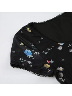 Disty Floral Printing Square Neck Fitted Short Sleeve Dress -Women's Clothing Shop P 20240618170409014 494