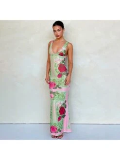 Floral Printed Slim Sleeveless Maxi Dress