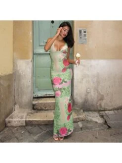 Floral Printed Slim Sleeveless Maxi Dress -Women's Clothing Shop P 20240618170444445 189