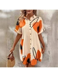 Floral Short Sleeve Single Breasted Dress -Women's Clothing Shop P 20240619100415387 839