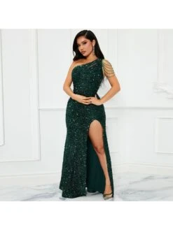 Sequin One Shoulder Split Hem Dress