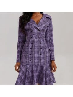 Plaid Ruffle Double-breasted Long Sleeves Dress