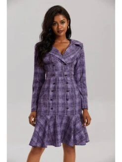 Plaid Ruffle Double-breasted Long Sleeves Dress -Women's Clothing Shop P 20240620102014578 646