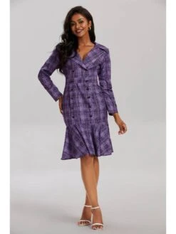Plaid Ruffle Double-breasted Long Sleeves Dress -Women's Clothing Shop P 20240620102015955 237