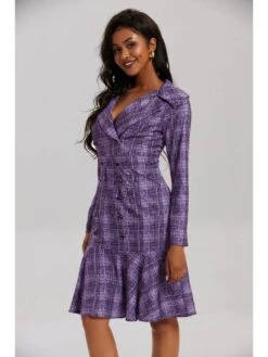 Plaid Ruffle Double-breasted Long Sleeves Dress -Women's Clothing Shop P 20240620102016577 132