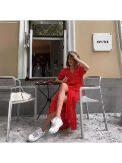 Polka Dots Split Hem Puff Sleeve A-line Midi Dress -Women's Clothing Shop P 20240620115225248 739