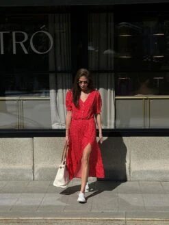 Polka Dots Split Hem Puff Sleeve A-line Midi Dress -Women's Clothing Shop P 20240620115227359 191