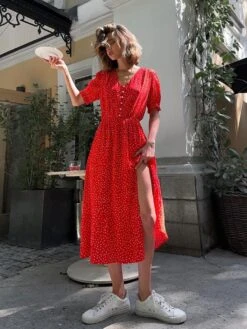 Polka Dots Split Hem Puff Sleeve A-line Midi Dress -Women's Clothing Shop P 20240620115227995 412