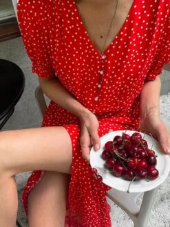 Polka Dots Split Hem Puff Sleeve A-line Midi Dress -Women's Clothing Shop P 20240620115229344 522